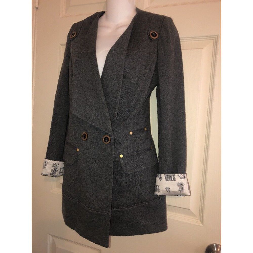 Anthropologie Leifsdottir Grey Cotton Long Detailed Double Breasted Jacket SZ XS